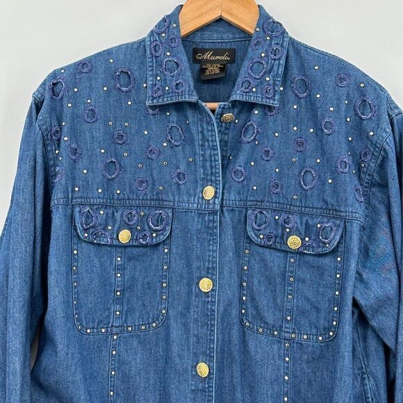 Murelis Vintage Blue Denim Chambray Jacket Womens Medium 80s Y2K Gold Embelished - Picture 4 of 10